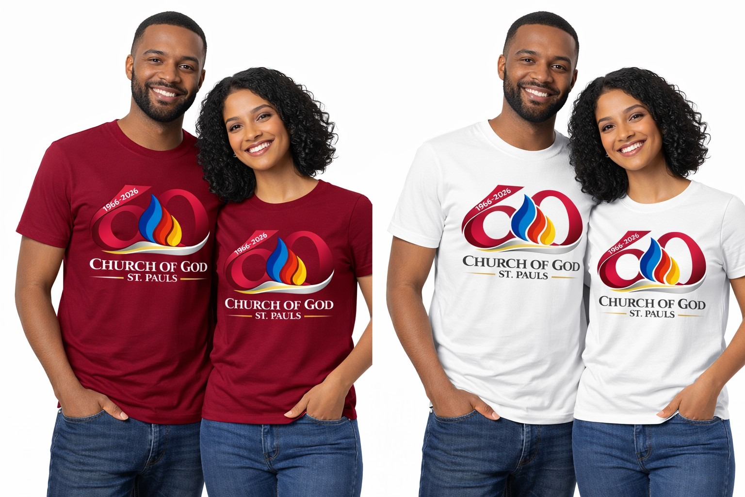 Burgundy and white Church of God St. Paul's t-shirt options
